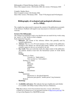 Bibliography of Ecological and Geological References to Co. Offaly