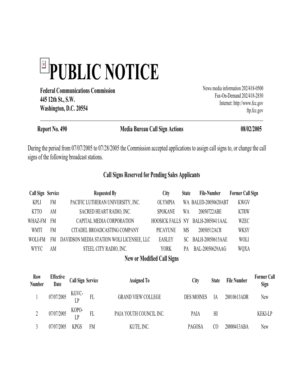 PUBLIC NOTICE Federal Communications Commission News Media Information 202/418-0500 Fax-On-Demand 202/418-2830 445 12Th St., S.W