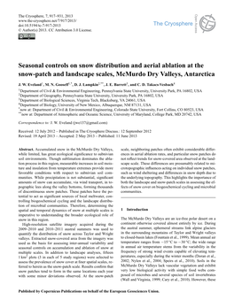Seasonal Controls on Snow Distribution and Aerial Ablation at the Snow-Patch and Landscape Scales, Mcmurdo Dry Valleys, Antarctica