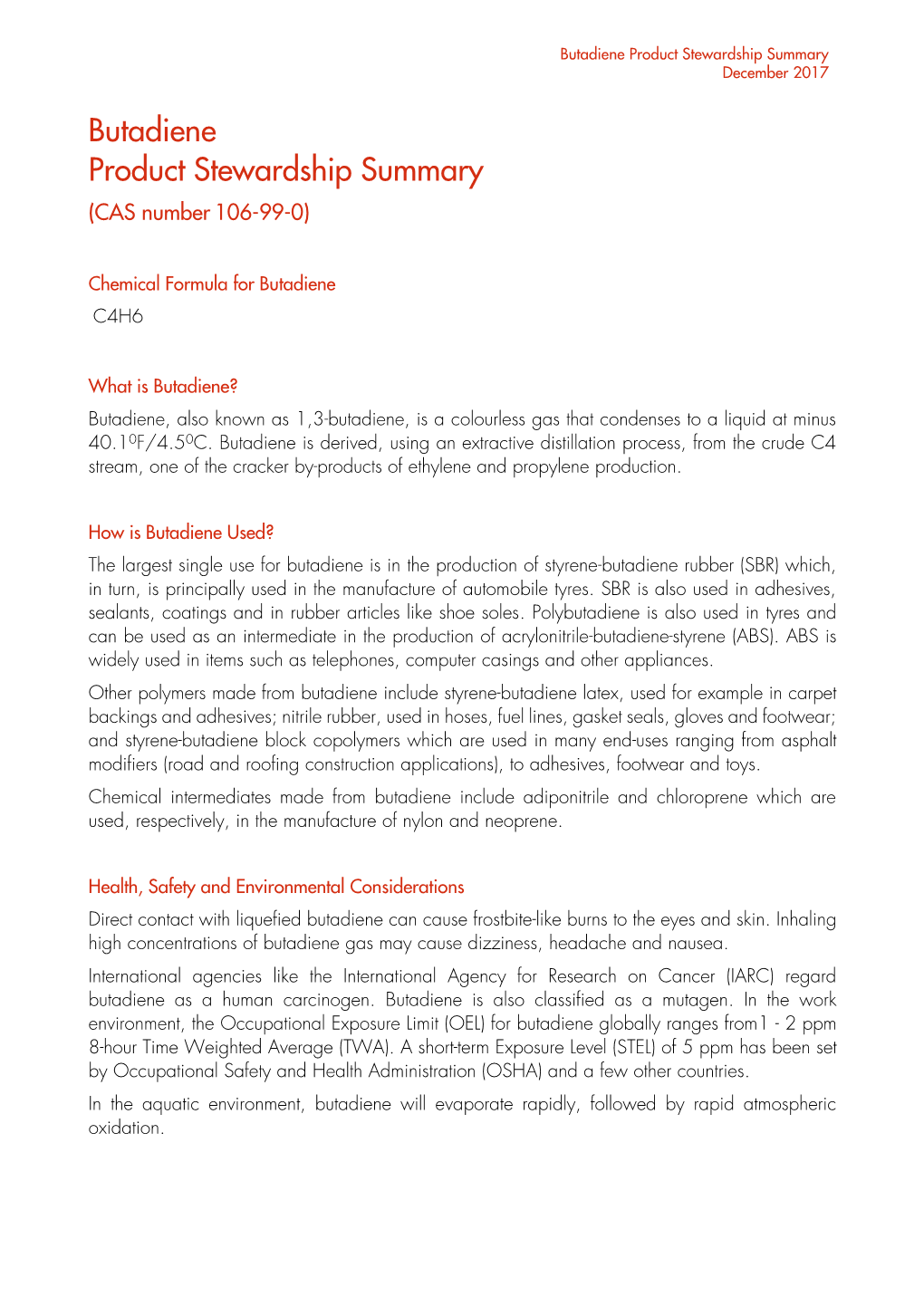 Butadiene Product Stewardship Summary December 2017