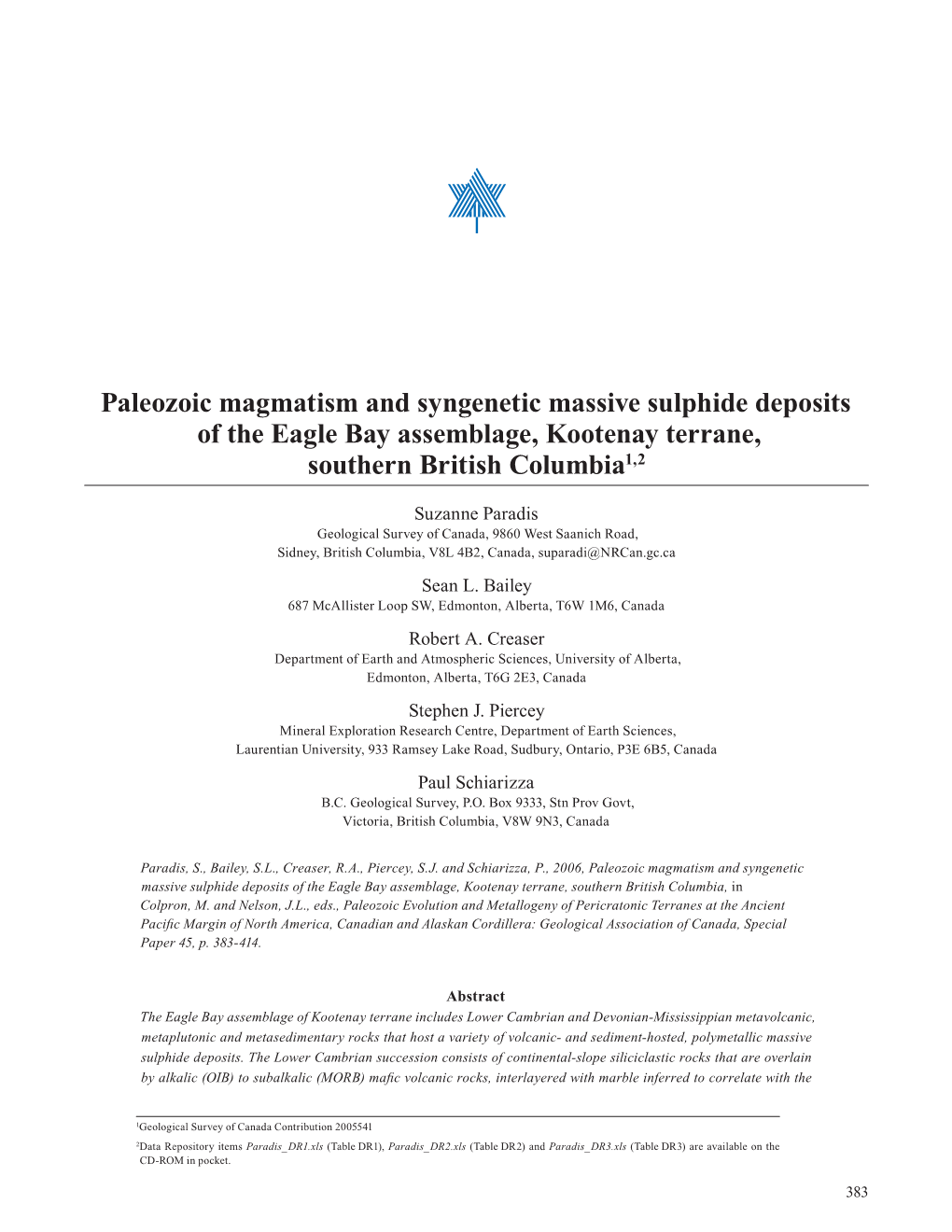 Paleozoic Magmatism and Syngenetic Massive Sulphide Deposits of the Eagle Bay Assemblage, Kootenay Terrane, Southern British Columbia1,2