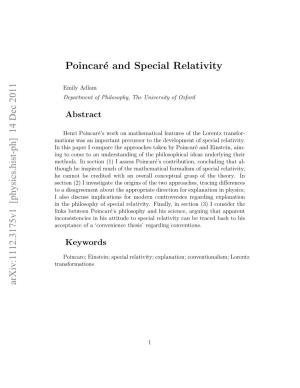 [Physics.Hist-Ph] 14 Dec 2011 Poincaré and Special Relativity