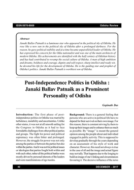 Post-Independence Politics in Odisha : Janaki Ballav Patnaik As a Prominent Personality of Odisha