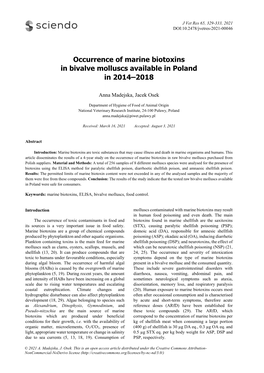 Occurrence of Marine Biotoxins in Bivalve Molluscs Available in Poland in 2014–2018