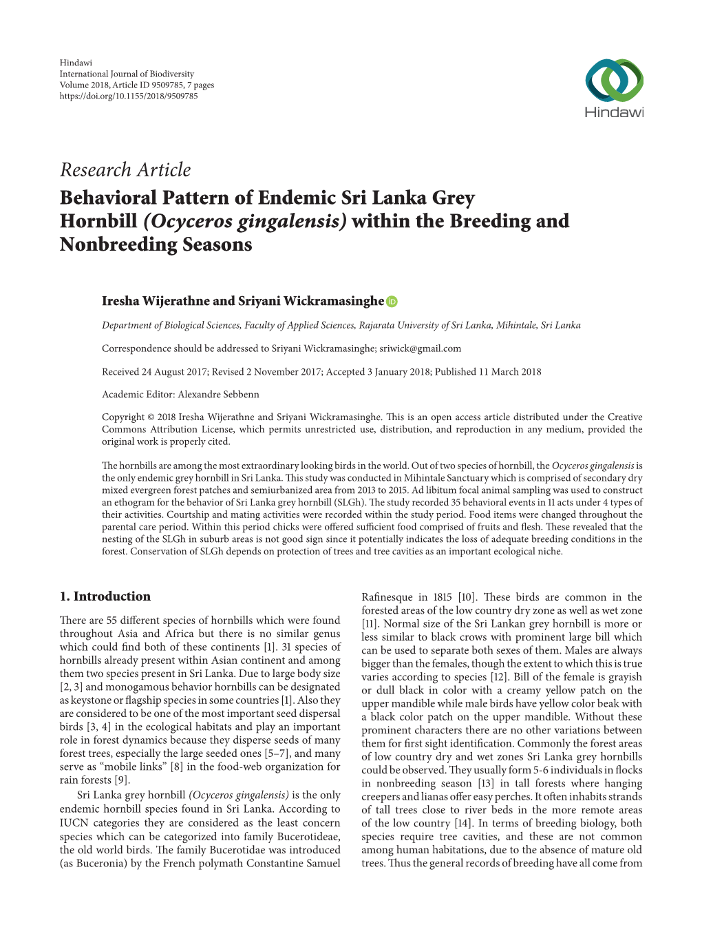Research Article Behavioral Pattern of Endemic Sri Lanka Grey Hornbill (Ocyceros Gingalensis) Within the Breeding and Nonbreeding Seasons