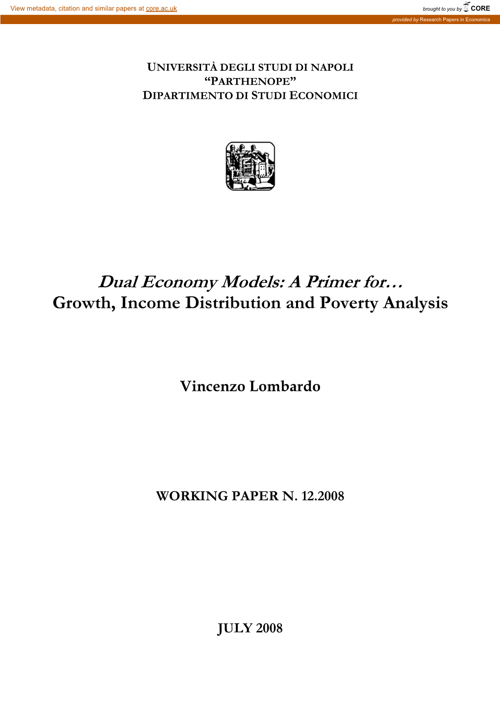 Dual Economy Models: a Primer For… Growth, Income Distribution and Poverty Analysis