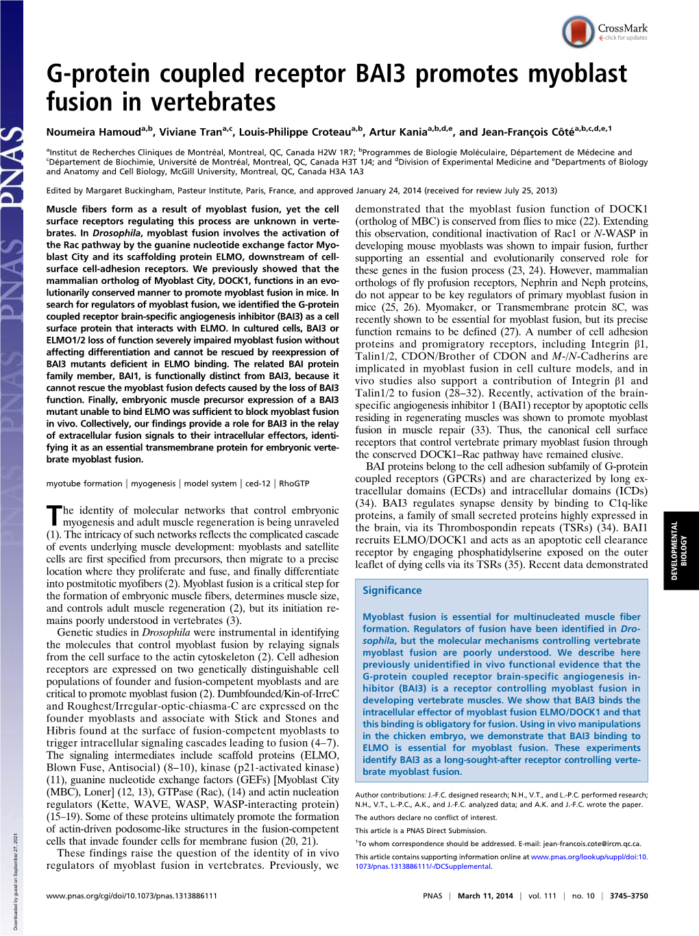 G-Protein Coupled Receptor BAI3 Promotes Myoblast Fusion in Vertebrates