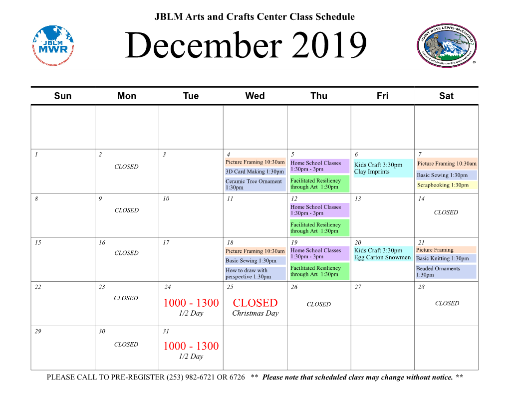 JBLM Arts and Crafts Center Class Schedule December 2019