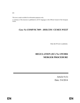 Case No COMP/M.7009 – HOLCIM / CEMEX WEST REGULATION