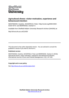 Agricultural Shows: Visitor Motivation, Experience and Behavioural Intention