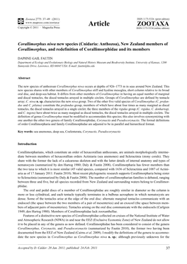 Corallimorphus Niwa New Species (Cnidaria: Anthozoa), New Zealand Members of Corallimorphus, and Redefinition of Corallimorphidae and Its Members