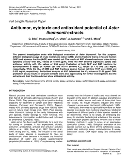 Antitumor, Cytotoxic and Antioxidant Potential of Aster Thomsonii Extracts