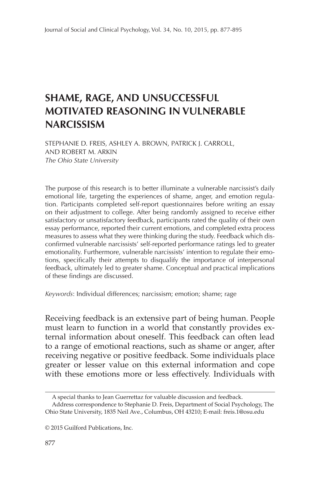 Shame, Rage, and Unsuccessful Motivated Reasoning in Vulnerable Narcissism