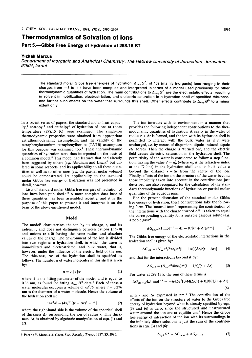 Thermodynamics of Solvation of Ions Part 5.4Ibbs Free Energy of Hydration at 298.15 Kt