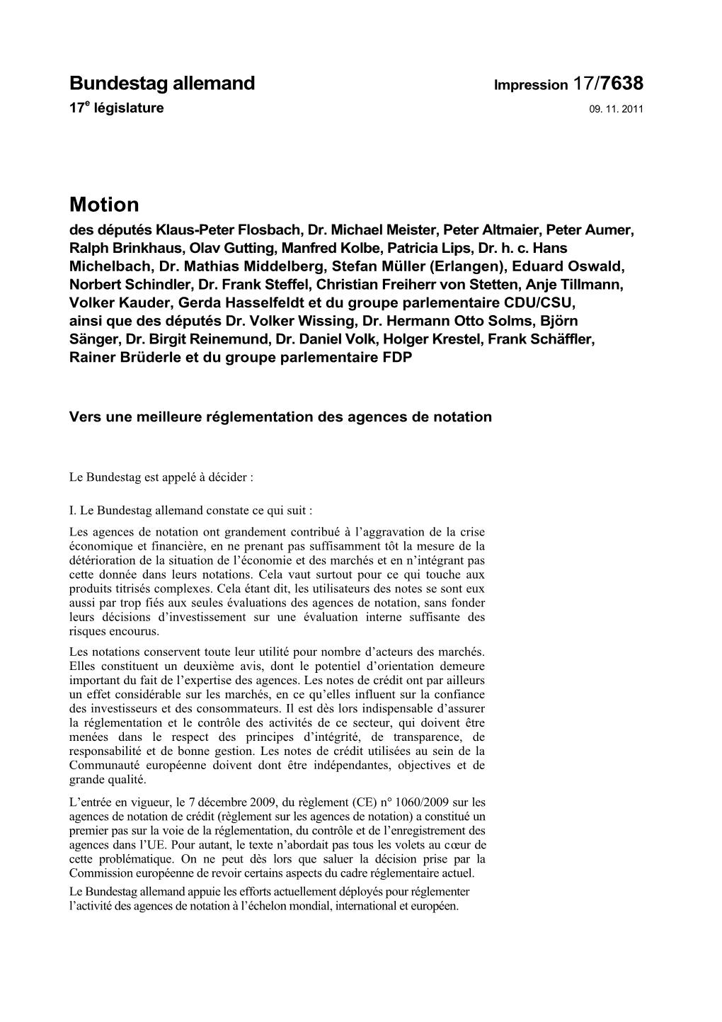 Bundestag Allemand Impression 17/7638 E 17 Législature 09