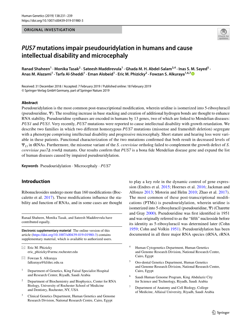 PUS7 Mutations Impair Pseudouridylation in Humans and Cause Intellectual Disability and Microcephaly