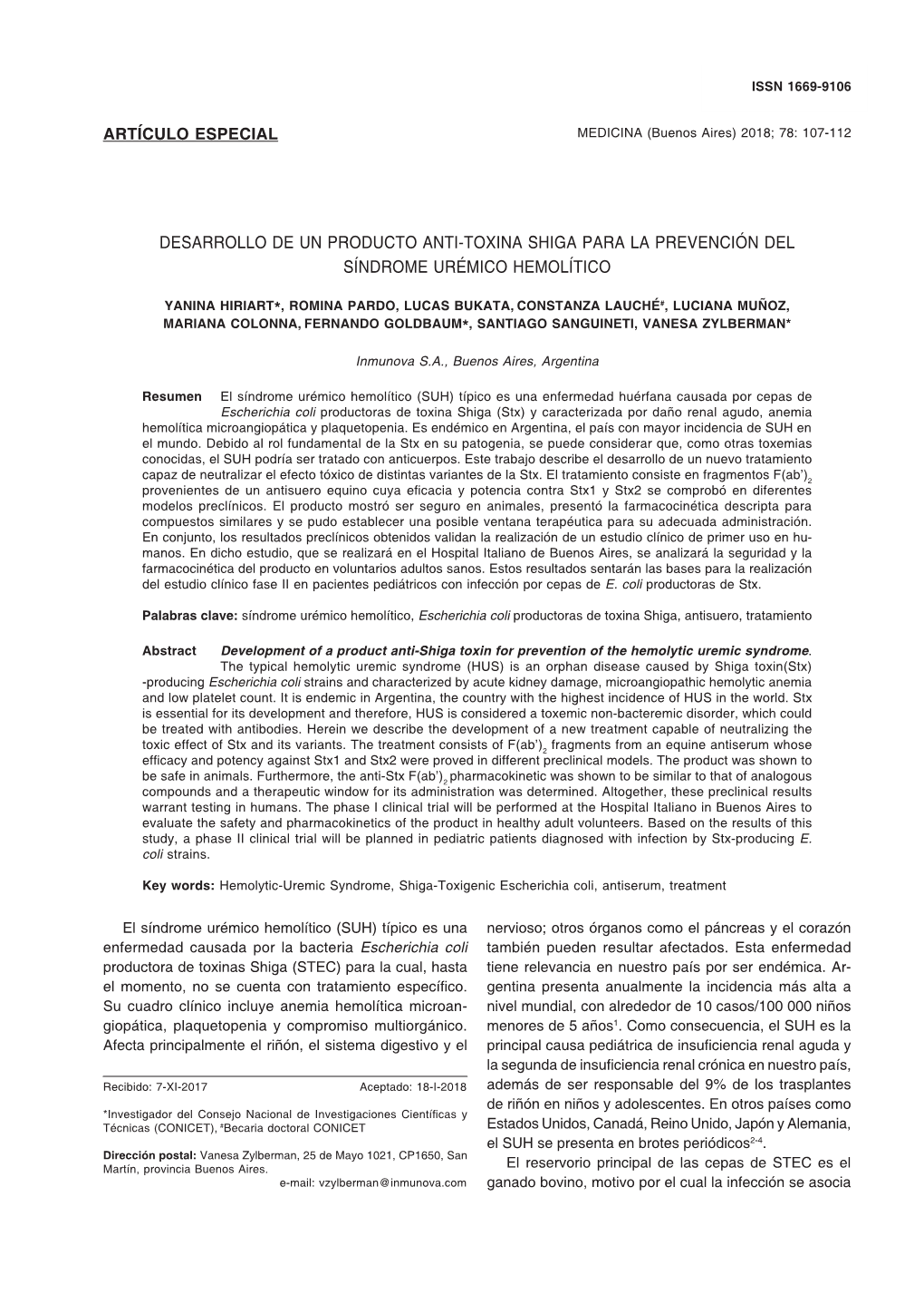 Artículo Especial Desarrollo De Un Producto Anti-Toxina Shiga Para La Prevención Del Síndrome Urémico Hemolítico