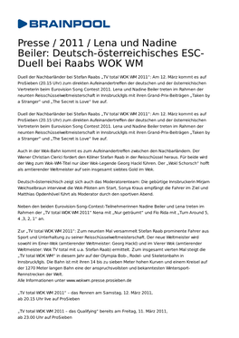 Presse / 2011 / Lena Und Nadine Beiler: Deutsch-Österreichisches ESC- Duell Bei Raabs WOK WM