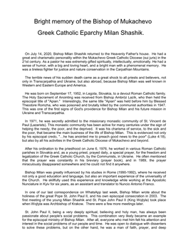 Bright Memory of the Bishop of Mukachevo Greek Catholic Eparchy Milan Shashik