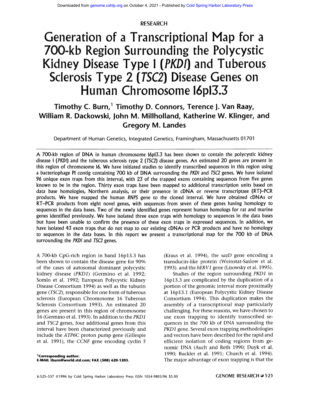 Kidney Disease Type 1 (PKDO and Tuberous Sclerosis Type 2 (TSC2) Disease Genes on Human Chromosome 16P13.3 Timothy C