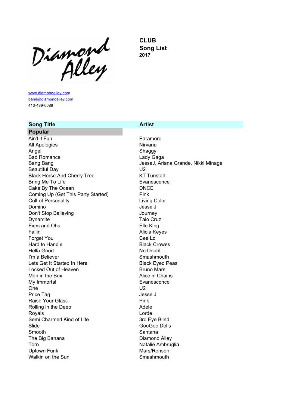 Diamond Alley Song List