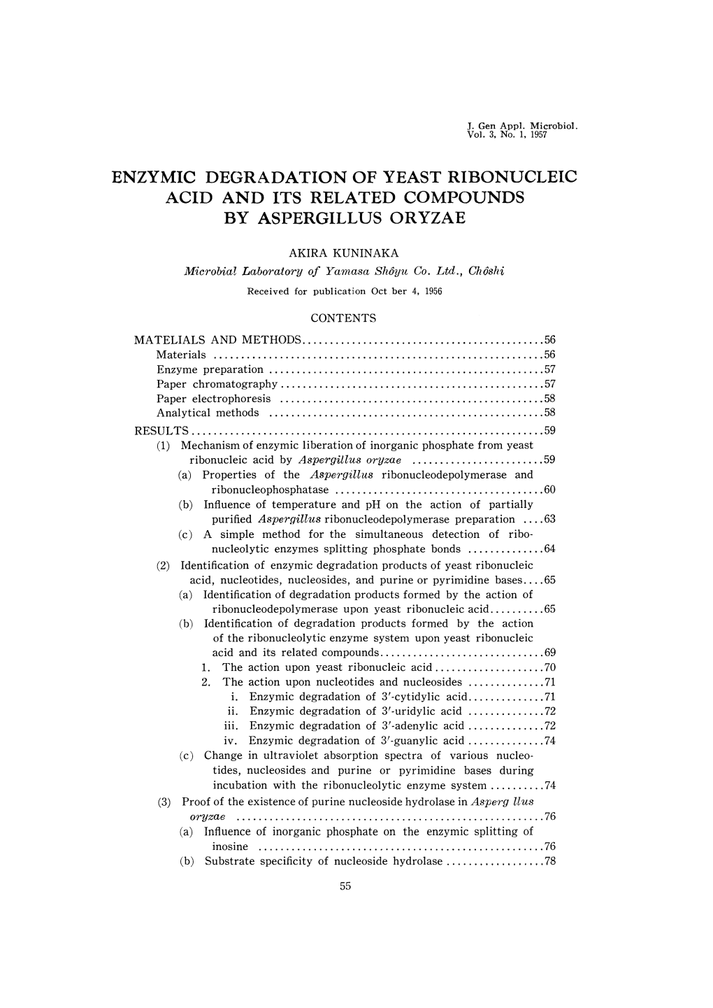 Enzymic Degradation of Yeast Ribonucleic Acid and Its Related Compounds by Aspergillus Oryzae