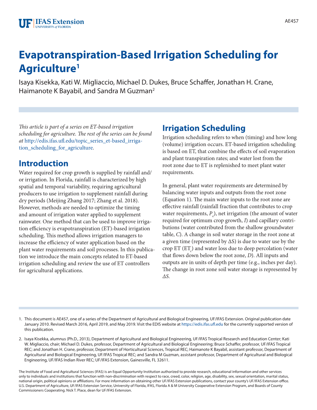 Evapotranspiration-Based Irrigation Scheduling for Agriculture1 Isaya Kisekka, Kati W