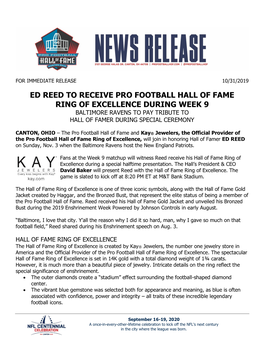Ed Reed to Receive Pro Football Hall of Fame Ring of Excellence During Week 9 Baltimore Ravens to Pay Tribute to Hall of Famer During Special Ceremony
