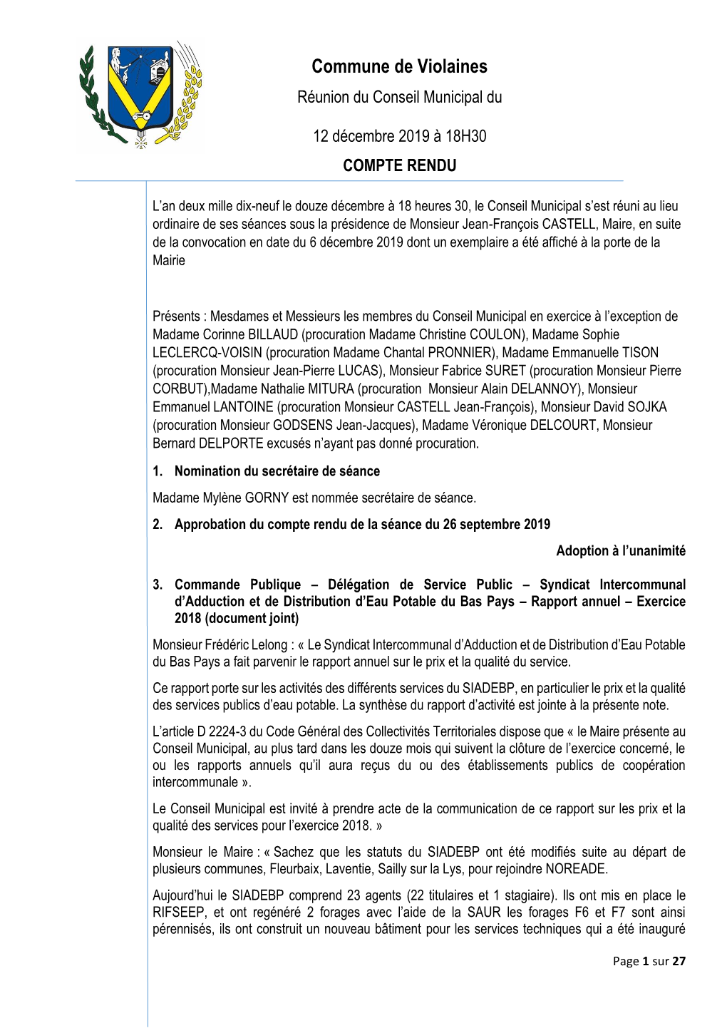 CR Du Conseil Municipal Du 12 Décembre 2019