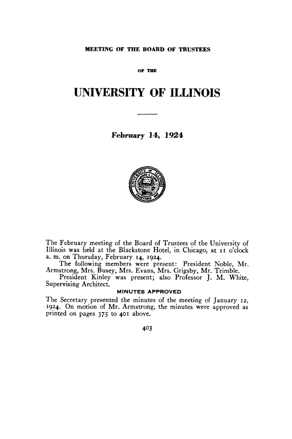 February 14, 1924, Minutes | UI Board of Trustees