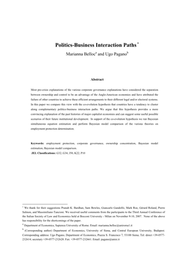 Politics-Business Interaction Paths ∗ Marianna Belloca and Ugo Paganob