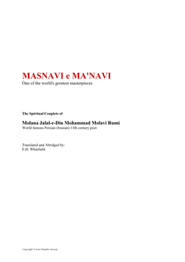 MASNAVI E MA'navi One of the World's Greatest Masterpieces