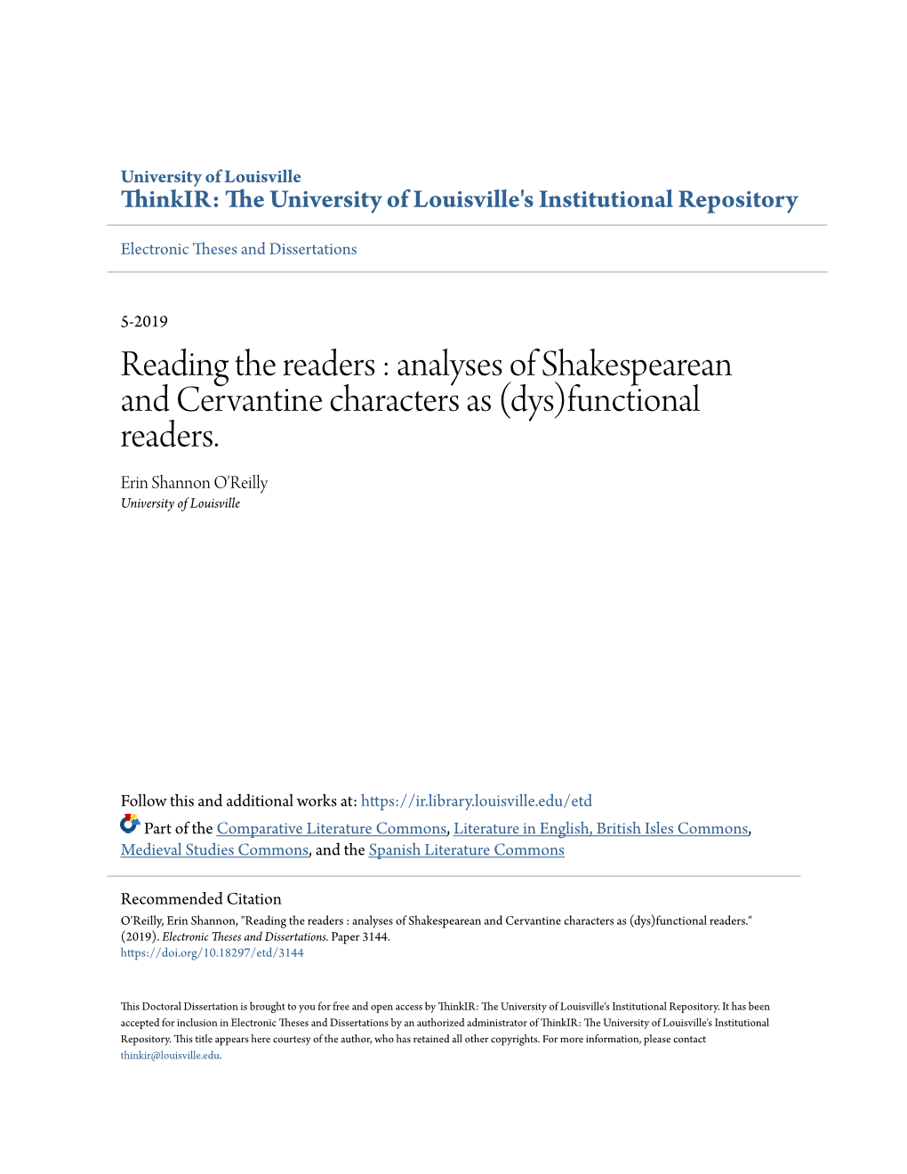 Analyses of Shakespearean and Cervantine Characters As (Dys)Functional Readers