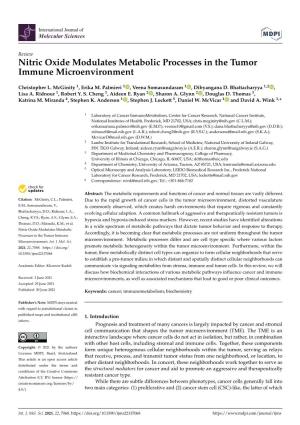 Nitric Oxide Modulates Metabolic Processes in the Tumor Immune Microenvironment