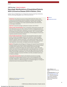 Neurologic Manifestations of Hospitalized Patients with Coronavirus Disease 2019 in Wuhan, China