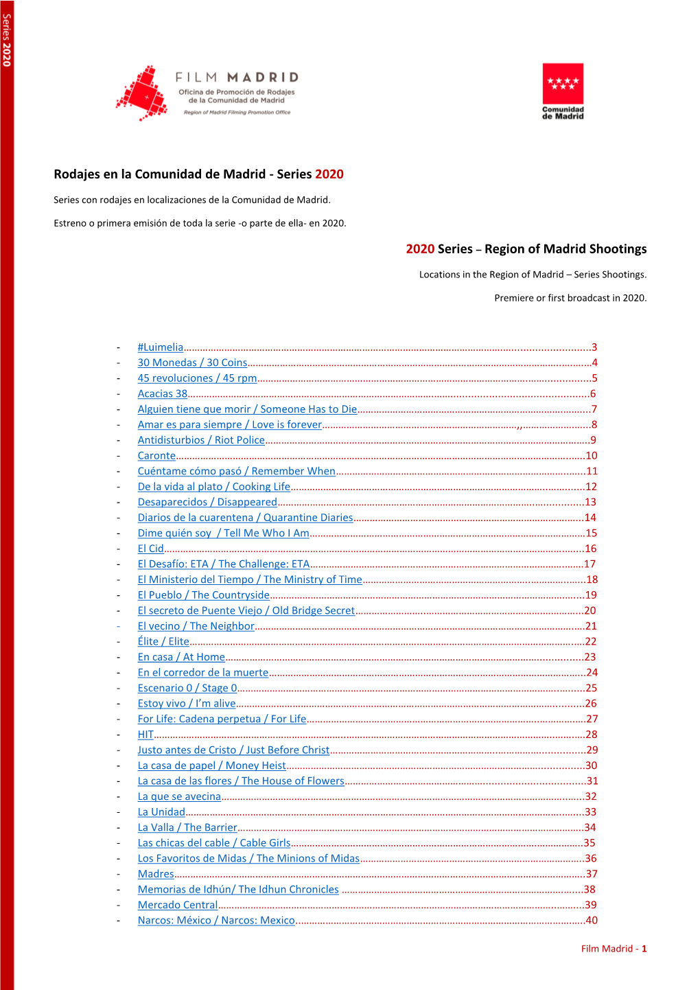 Rodajes En La Comunidad De Madrid - Series 2020