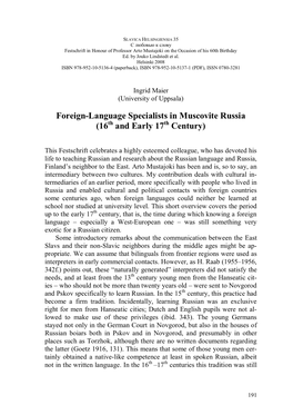 Foreign-Language Specialists in Muscovite Russia (16Th and Early 17Th Century)