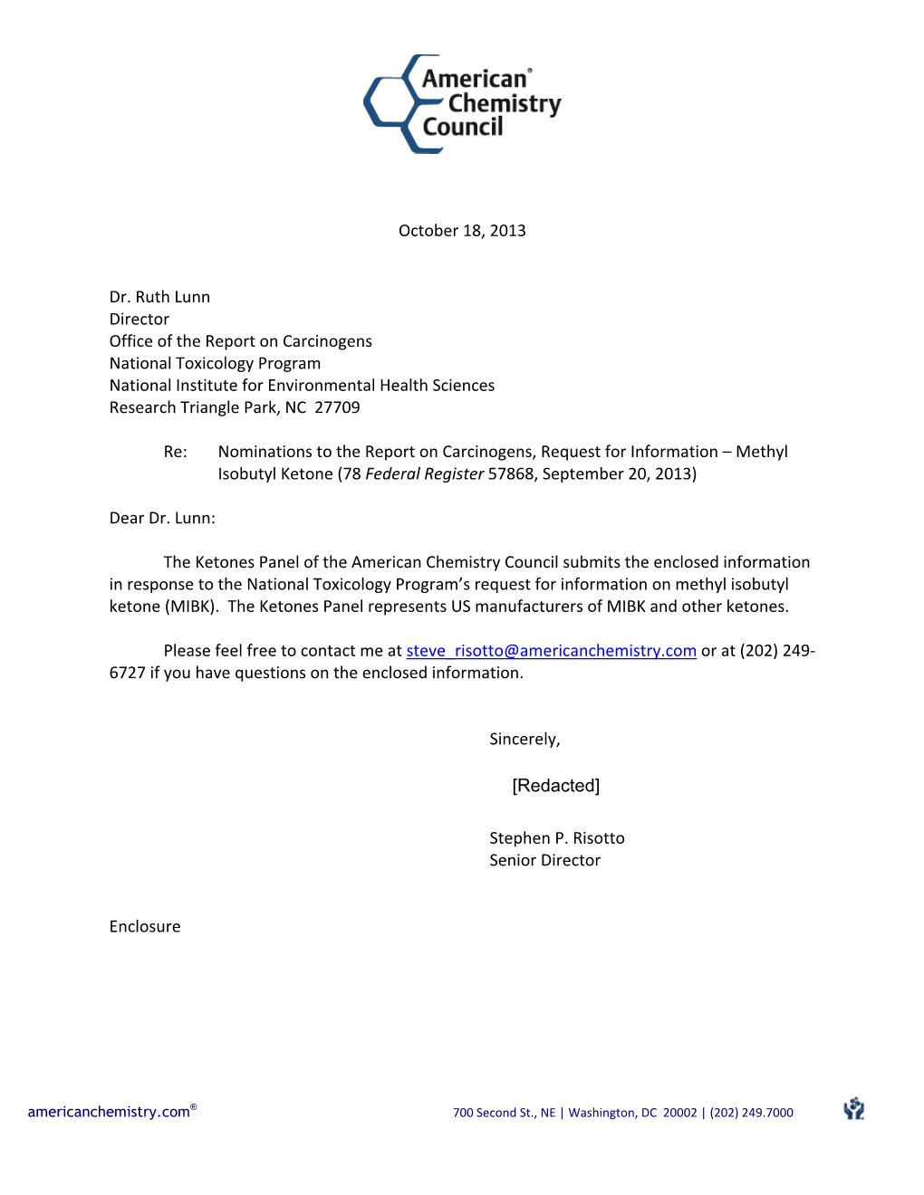 Methyl Isobutyl Ketone; Steven Risotto; Roc; Sept. 20, 2013