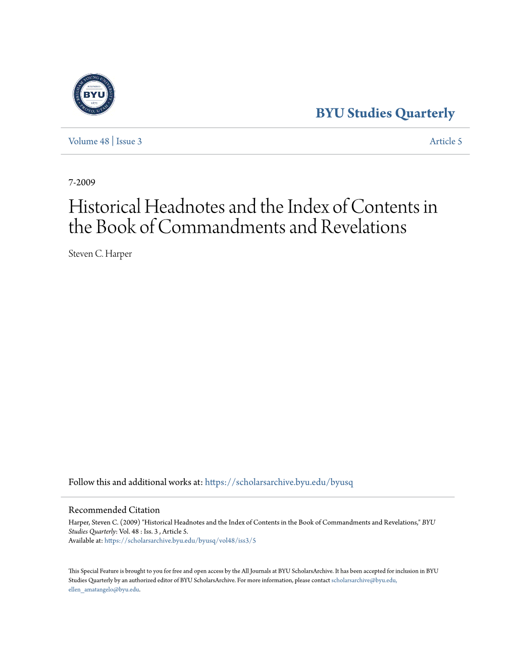 Historical Headnotes and the Index of Contents in the Book of Commandments and Revelations Steven C