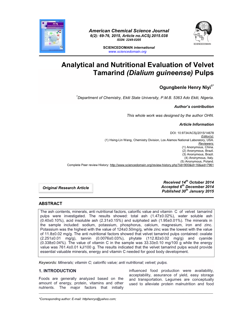 Analytical and Nutritional Evaluation of Velvet Tamarind (Dialium Guineense) Pulps