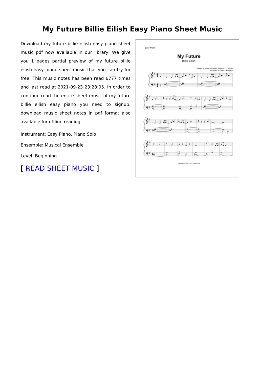 My Future Billie Eilish Easy Piano Sheet Music