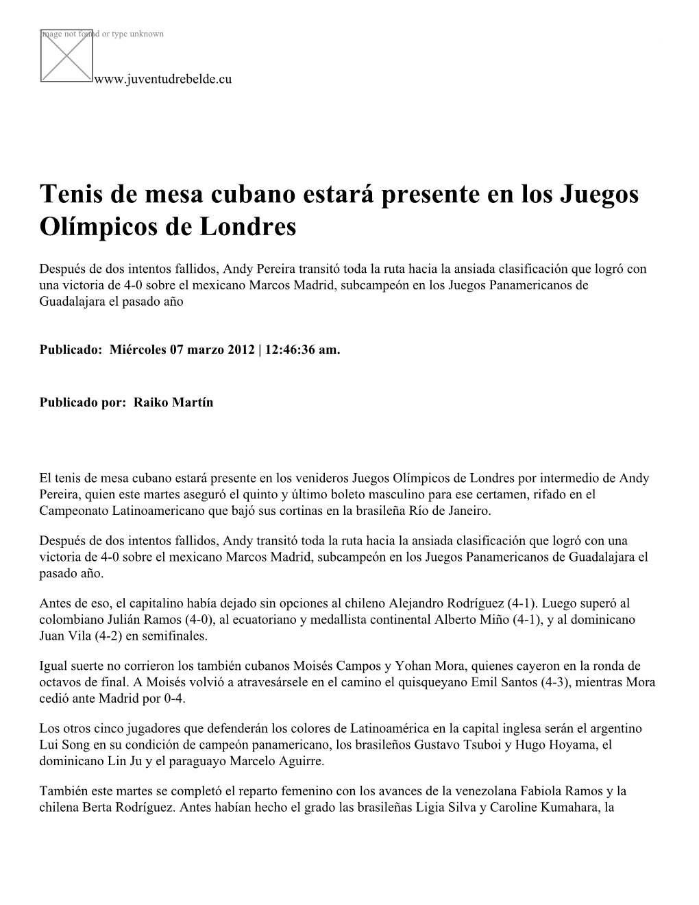 Tenis De Mesa Cubano Estará Presente En Los Juegos Olímpicos De Londres