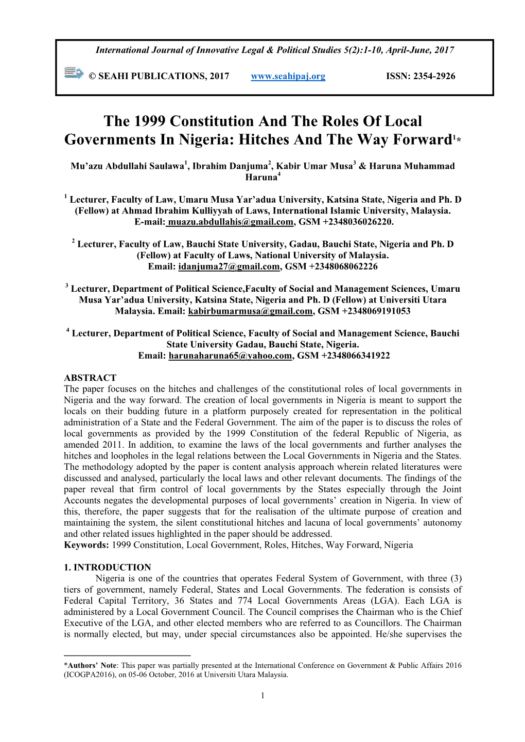 The Constitutional Roles of Local Governments in Nigeria and the Way Forward