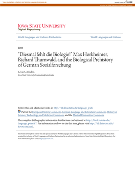 Â•Š Max Horkheimer, Richard Thurnwald, and the Biological Prehistory of German Sozialforsc