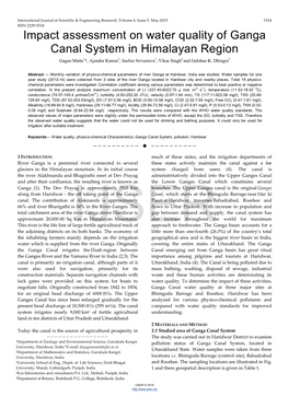 Impact Assessment on Water Quality of Ganga Canal System in Himalayan Region Gagan Matta1*, Ajendra Kumar2, Sachin Srivastava3, Vikas Singh4 and Gulshan K