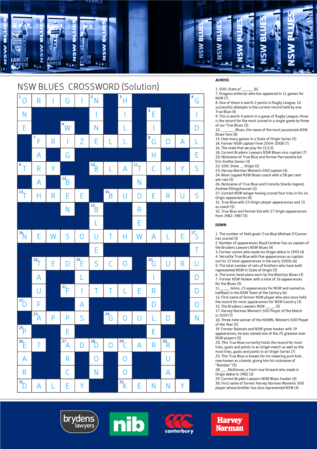 NSW BLUES CROSSWORD (Solution) 1