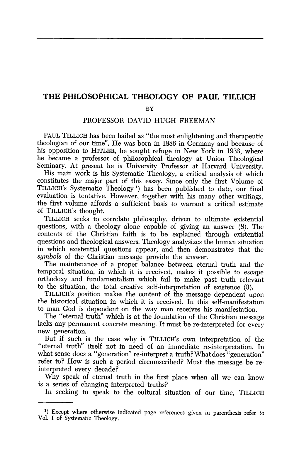 The Philosophical Theology of Paul Tillich by Professor David Hugh Freeman