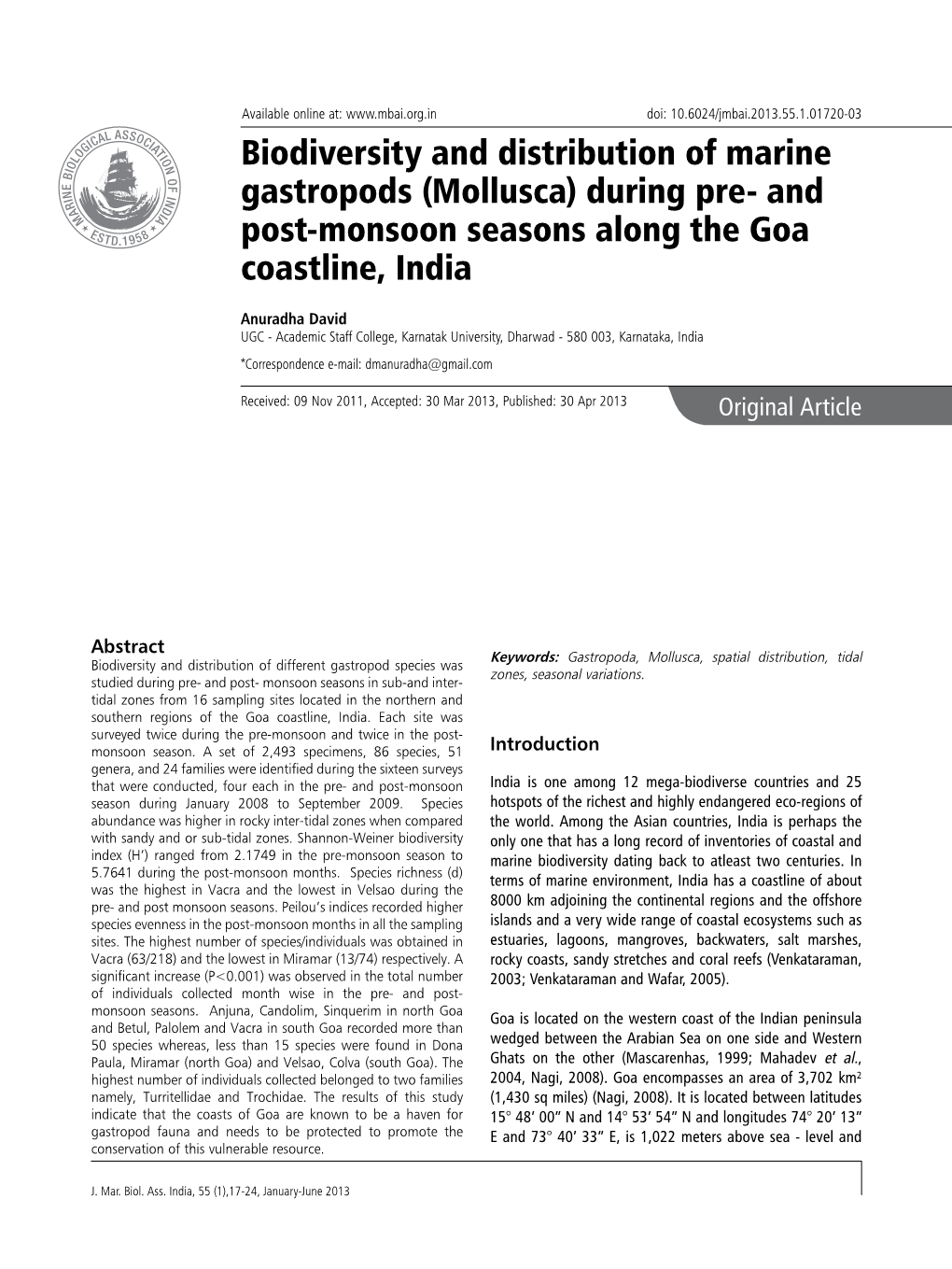 Biodiversity and Distribution of Marine Gastropods (Mollusca) During Pre- and Post-Monsoon Seasons Along the Goa Coastline, India