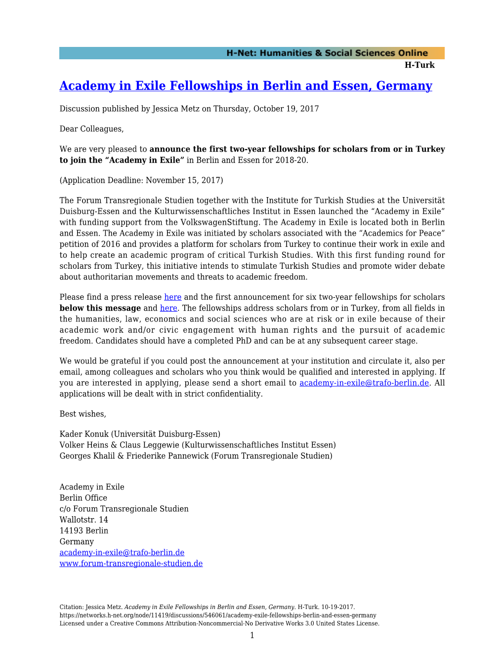 Academy in Exile Fellowships in Berlin and Essen, Germany