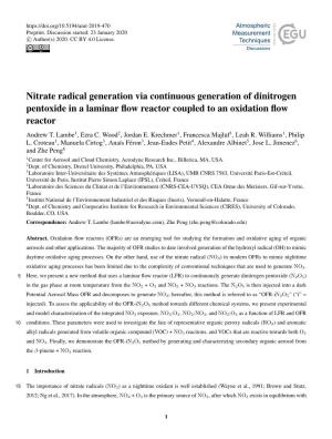 Nitrate Radical Generation Via Continuous Generation of Dinitrogen Pentoxide in a Laminar ﬂow Reactor Coupled to an Oxidation ﬂow Reactor Andrew T